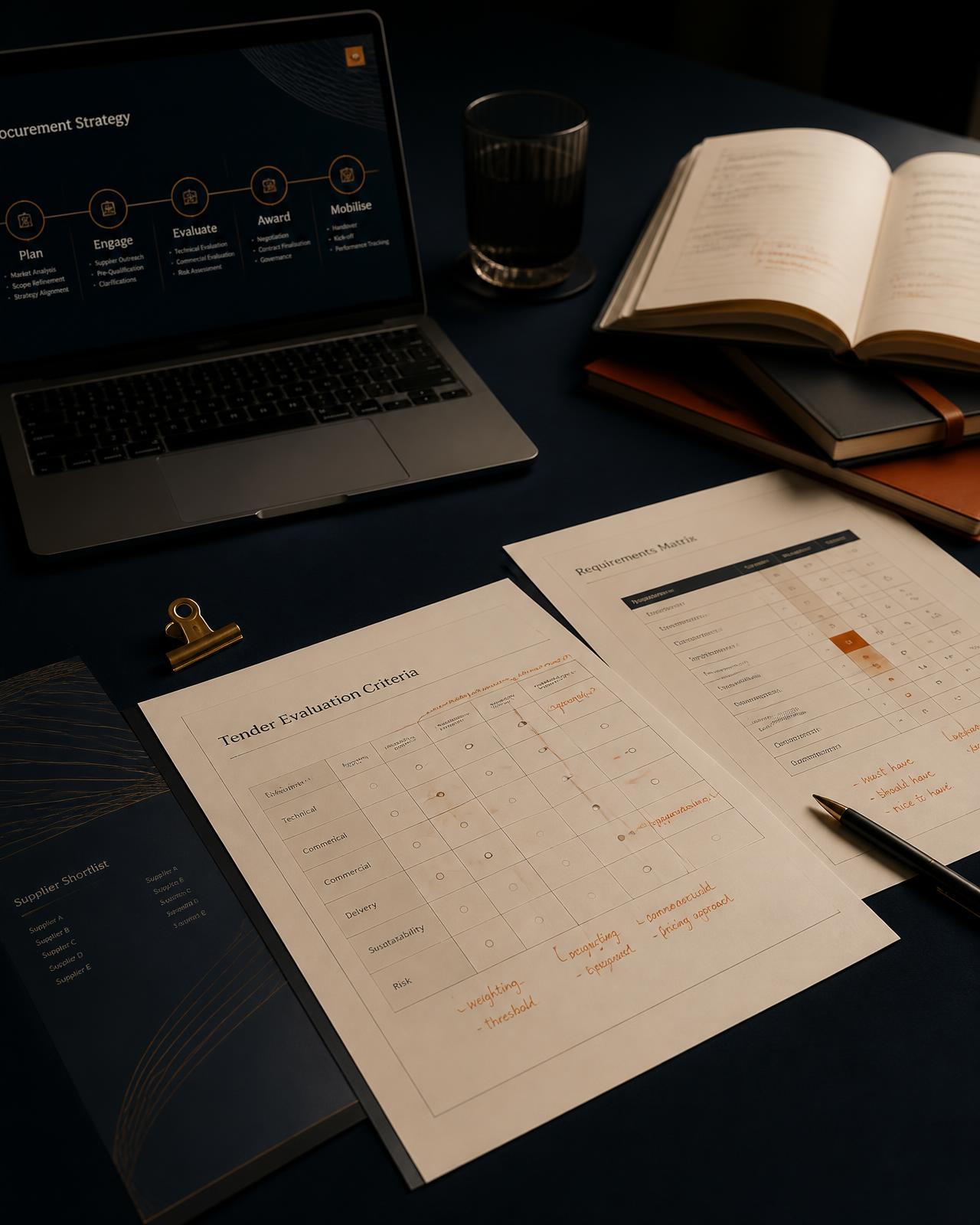 Tender strategy documents, requirement matrices and evaluation criteria on an executive desk