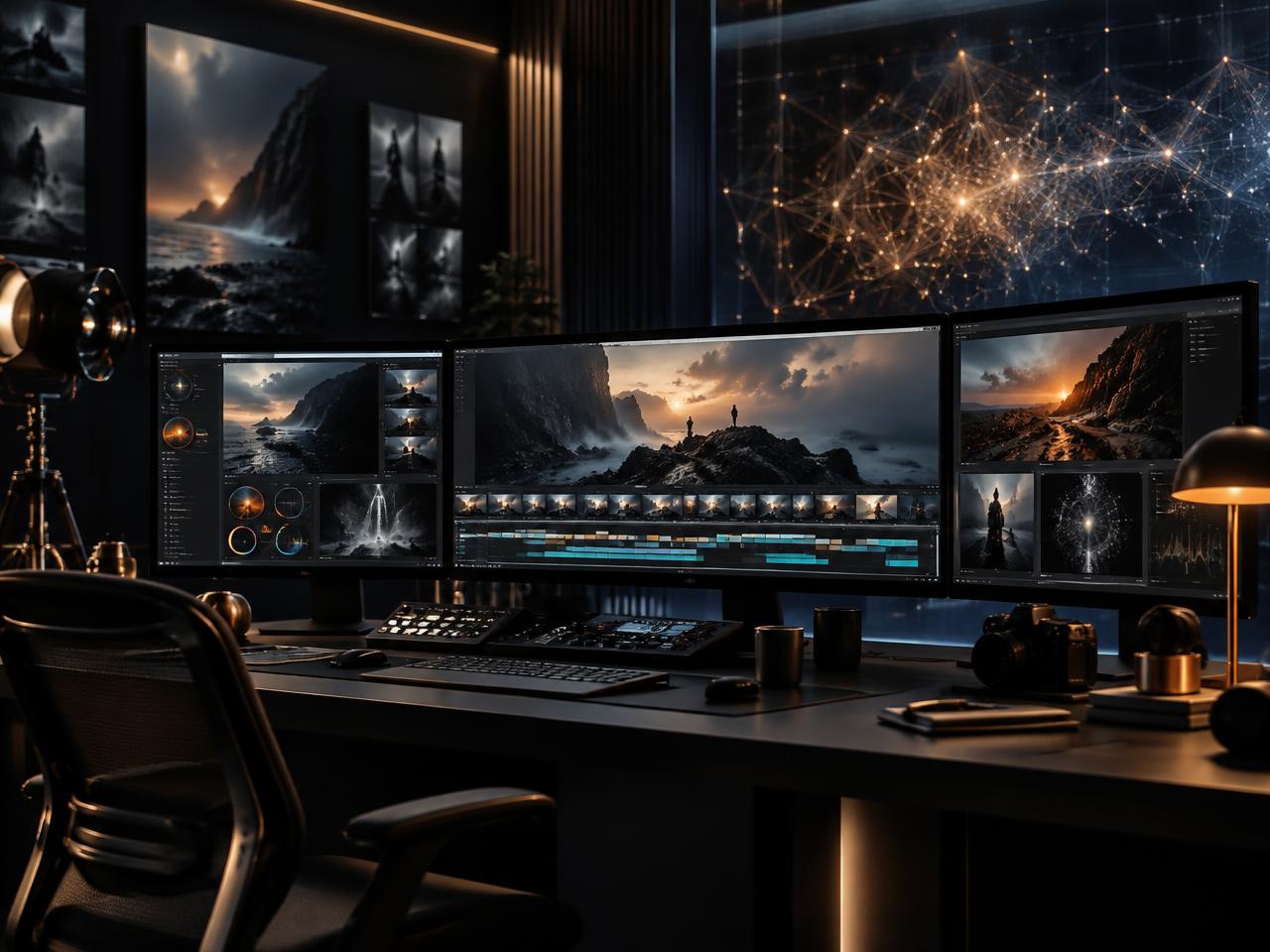 AI video production studio with cinematic frames on calibrated monitors