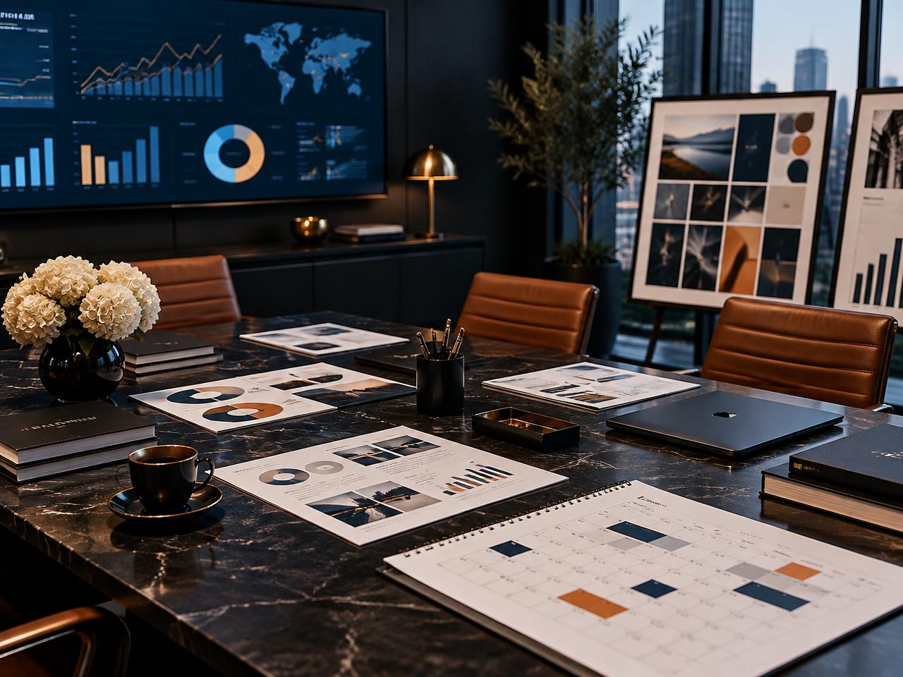 Campaign planning documents and analytics dashboard in a premium executive room