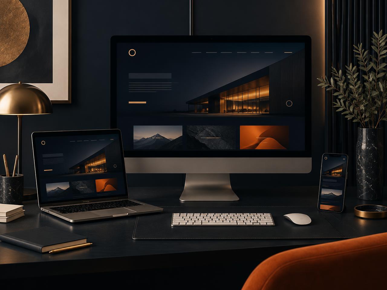 Elegant corporate website interface shown on a desktop monitor, laptop and phone